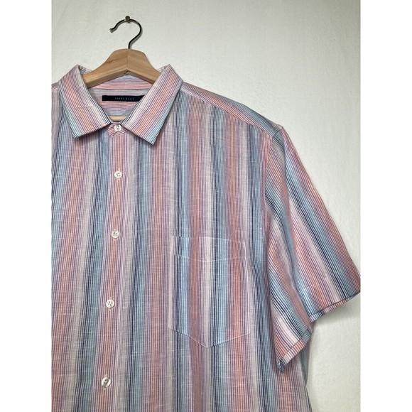 Perry Ellis Mens Short Sleeve Button up Shirt XXL Green and White linen casual - Picture 3 of 9